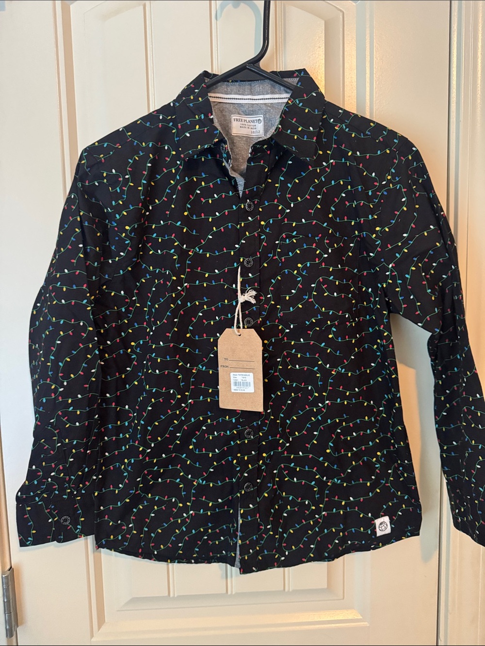Free Planet Black Button-Up Shirt with Multicolor Holiday Light Print
